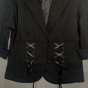Vintage CHESLEY Blazer Corset Lace Up Waist Pinstripe Goth Womens M Black White